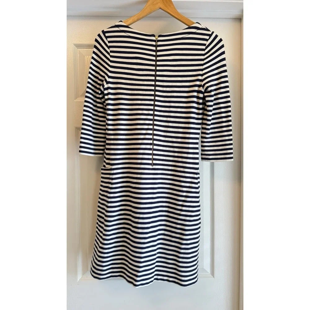 Kate Spade Dress Womens 2 Navy Blue Striped 3/4 Sleeve Pockets Exposed Zip Shift